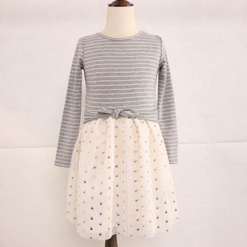 春秋新款 女童條紋拼接紗裙長袖連衣裙 歐美單