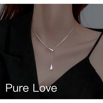 Pure Love樂芙 / 正韓 銀飾【S925純銀】N0553簡約通體純銀項鍊幾何三角微鑲鋯石吊墜鎖骨鏈 短項鏈 /銀