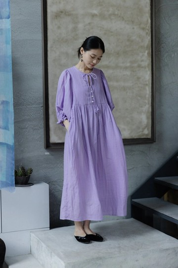 澎袖扣子長洋裝_紫