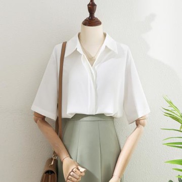夏季女裝職業通勤垂感雪紡白色襯衫女2025新款百搭短袖正裝襯衣