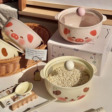 網紅情侶款小豬小狗泡麪碗陶瓷餐具筷子勺子可愛帶蓋麪碗沙拉餐碗 犬 餐具碗 陶瓷筷子 一人食餐具 陶瓷湯碗 陶瓷飯碗