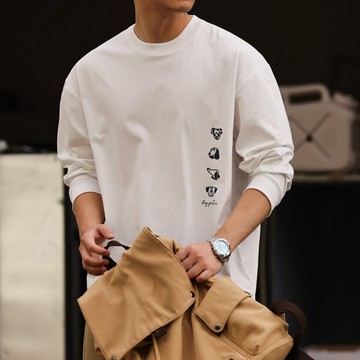 Wuluwear 美式復古趣味印花長袖T恤男240g圓領落肩袖休閒打底衫秋