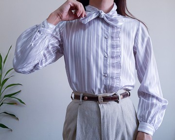 小號 - 復古蝴蝶結領口襯衫 歐根紗紫色白色條紋荷葉邊襯衫 半透