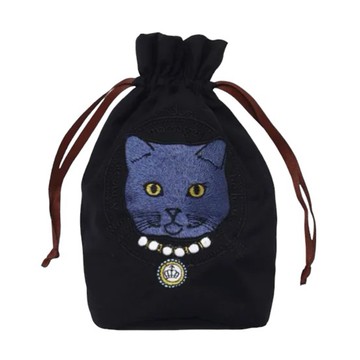 日本 繡花貓束口袋-淑女藍貓 約20×15×10cm (JN984-705-15)