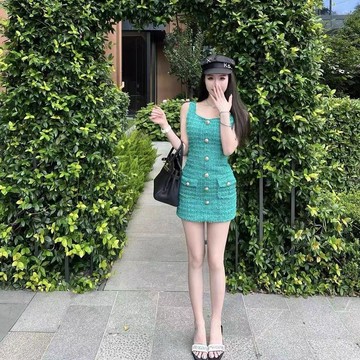 24h熱賣🔥香氛小巴輕奢千金 感重工拉毛工藝金扣定染連衣裙EDC6