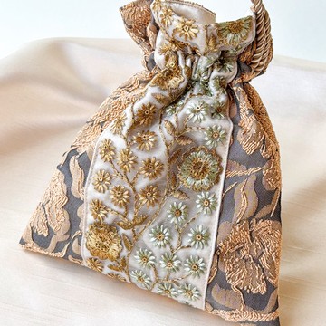 【提花布】杏桃色束口收納袋 花卉刺繡 鮭粉色 印度刺繡緞帶