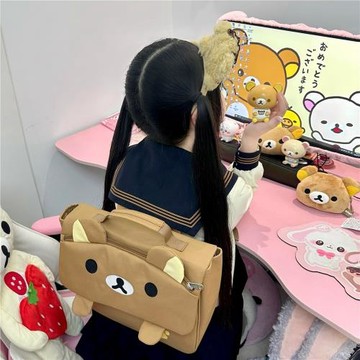 邱邱自制日系可愛帆布輕松熊耐臟刺繡雙肩背包制服包