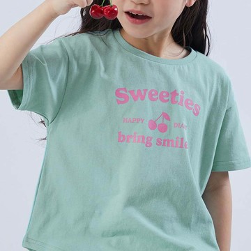 日本 devirock - 100%棉 可愛女孩印花短袖上衣-櫻桃-薄荷綠
