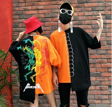 FINDSENSE MD 日系 潮 街頭 男女情侶裝 寬鬆 黑桔拼接 骷髏圖案 不對稱 短袖T恤 特色短T