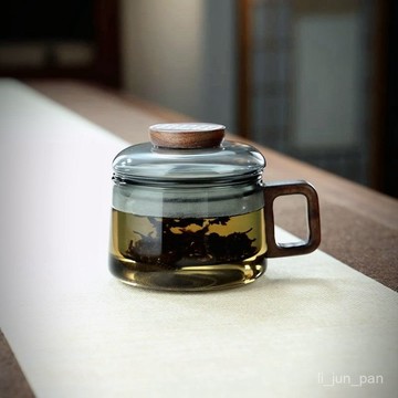 🌸熱賣新款🌸玻璃辦公泡茶杯墩墩杯辦公室喝水杯家用木把花茶杯子茶水分離水杯