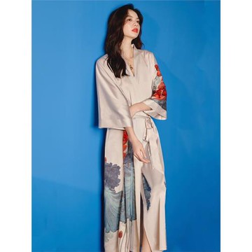 睡袍冰絲浴袍新娘晨袍加長款大碼緞面睡衣女夏性感中袖印花跨境新