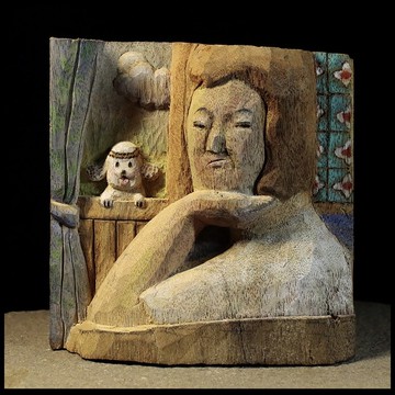 窗邊沉思的人(手工雕刻.木雕)