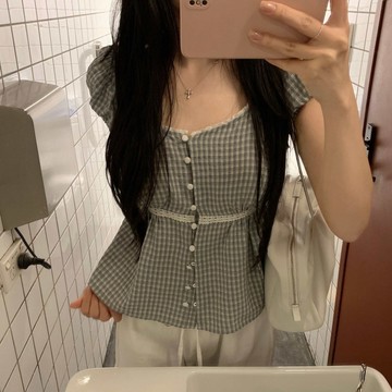 ˏˋ 𝐻𝑒𝑦 𝑆𝑝𝑟𝑖𝑛𝑔 - ̗̀ 🌷⛅️ ̖́‎法式復古減齡可愛方領格紋收腰顯瘦襯衫女短袖上衣
