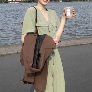 連體褲女年新款夏季法式休閑時尚收腰顯瘦寬松氣質闊腿九分褲