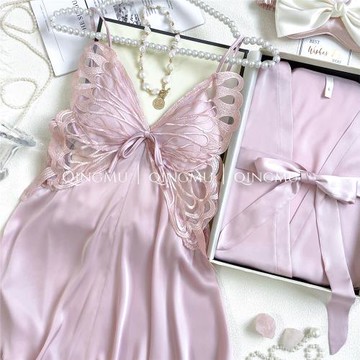 蝴蝶吊帶睡裙睡袍兩件套冰絲薄款私房帶胸墊家居服女士純欲風睡衣