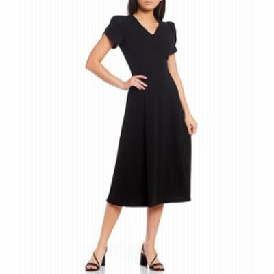 カルバンクライン レディース ワンピース トップス Tulip Sleeve V-Neck A-Line Midi Dress Black