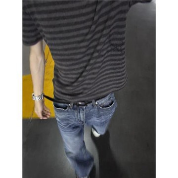美式高街條紋正肩短袖男款夏季荊棘印花boxy短寬t恤cleanfit半袖
