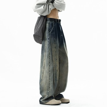 【HOT 本舖】男装美式高街cleanfit男款牛仔褲寬鬆直筒時尚休閒長褲百搭做舊潮男顯瘦