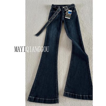 175高個子加長180深藍色微喇牛仔褲女春秋彈力修身高腰復古喇叭褲