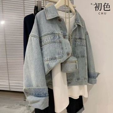 初色 復古淺色休閒百搭短款翻領長袖工裝牛仔外套-淺藍色-31827(M-XL可選)