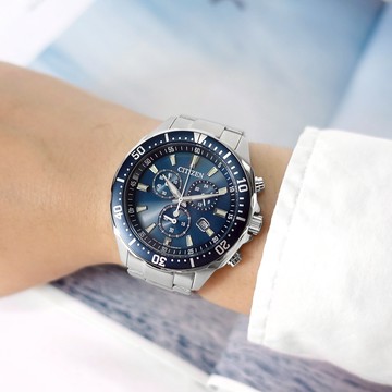 CITIZEN 星辰表 / VO10-6772F / 光動能 三眼計時 日期 日本機芯 防水100米 不鏽鋼手錶 藍色 41mm