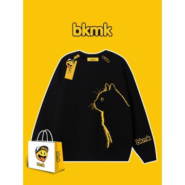 (免運)bkmk冬裝高級感貓咪印花寬松衣服加絨新款男裝品牌情侶圓領衛衣潮