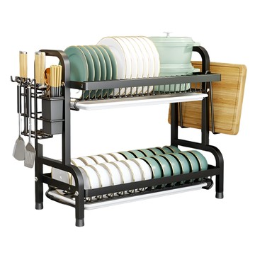 德利生活 多功能碗碟收納置物架 廚房碗盤瀝水架  黑色  2層  1組