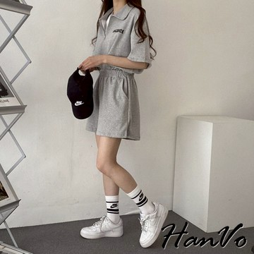 【HanVo】BALANCE字母短袖純綿休閒套裝 舒適拉鍊翻領運動套裝 日常百搭韓系女裝 女生衣著 A08-5961