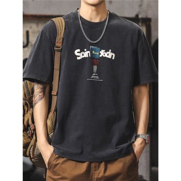 美式復古短袖t恤男寬松潮牌休閑印花夏季超火青少年圓領半袖上衣