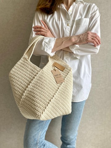 鉤針編織手提袋、鉤針編織方形包、可重複使用的雜貨袋、鉤針編織單肩包