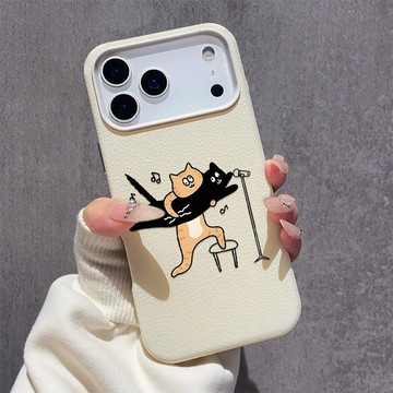 搞怪唱歌貓咪 iPhone17手機殼 蘋果16plus大孔皮紋 15pro軟殼 14 13 12 11日常防撞防摔手機殼