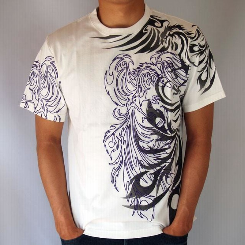 和柄Tシャツ 錦 トライバル 鳳凰Tシャツ 半袖Tシャツ メンズ 黒
