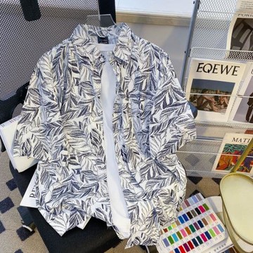 夏季冰絲五分袖襯衫男士花色半袖寸衫休閑寬松高級感短袖襯衣外套