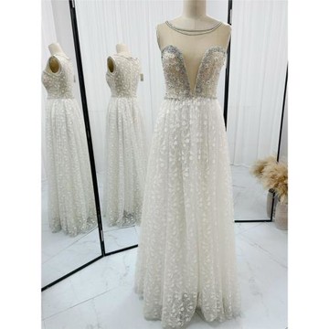 白色無袖重工奢華簡約大氣網紗a字裙晚禮服M1139