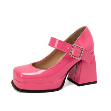 歐美風搭扣防水臺方頭粗跟女單鞋皮帶扣粉色漆皮高跟鞋大碼40-43