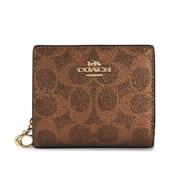 COACH C吊飾滿版C LOGO PVC皮革壓釦小短夾-古銅金