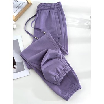全棉紫色運動褲女春秋2025新款高腰休閑衛褲秋冬加絨小個子九分褲