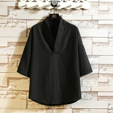 夏季男士冰絲短袖t恤中國風大碼v領體恤寬松潮流男裝漢服半袖上衣