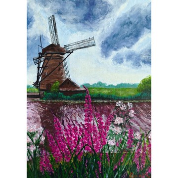 鮮花盛開的草地上的磨坊 原創風景畫 作者 RinaArtSK