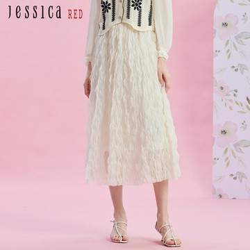 JESSICA RED - 甜美百搭鬆緊腰泡泡紗長裙R43102（白）