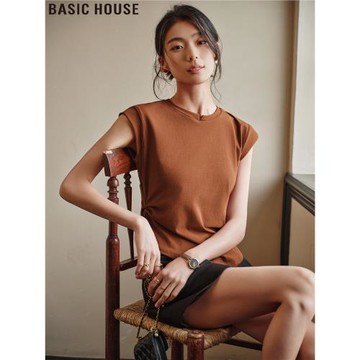 Basic House/百家好正肩圓領捏褶短款無袖T恤上衣女2025夏季新款