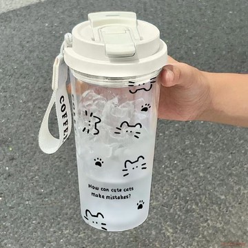 台灣出貨✨線條貓咪新款水杯運動夏季耐高溫學生杯子ins高顏值防摔塑料杯