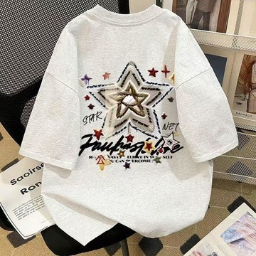 夏季新款個性五角星字母印花歐美高街復古重磅純棉短袖T恤ins情侶