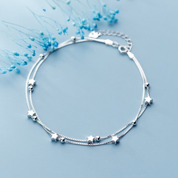 雙層星星腳鏈女純銀S990足銀冷淡風森系高級感網紅女士腳環腳鐲