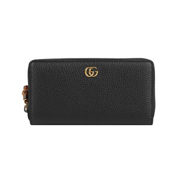 GUCCI Bamboo GG Logo 素面皮革及竹節拉鍊長夾(黑色)