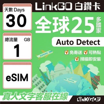 LINKGO白鑽卡 全球25國 eSIM卡 30天上網卡 總流量1GB(全球網卡 亞太區 紐西蘭 澳洲 通行無限)