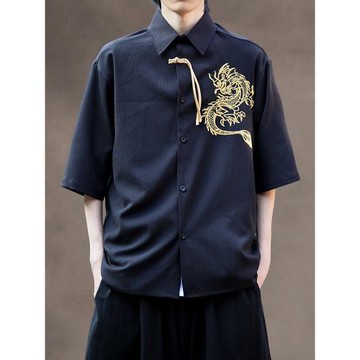 新中式夏季薄款刺繡唐裝七分袖襯衫中國風改良龍刺繡翻領短袖茶服