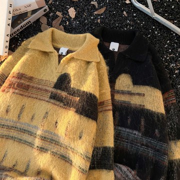 美式撞色翻領針織衫男秋季新款寬鬆慵懶風休閒套頭毛衣男