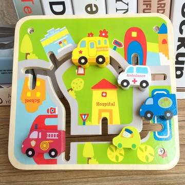 城市軌道卡通立體轎車救護車 消防車積木木制玩具迷宮類