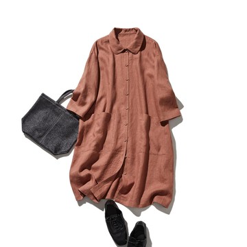 時尚實穿 法國亞麻前開襟襯衫連身裙 簡約百搭 橙色 250409-3